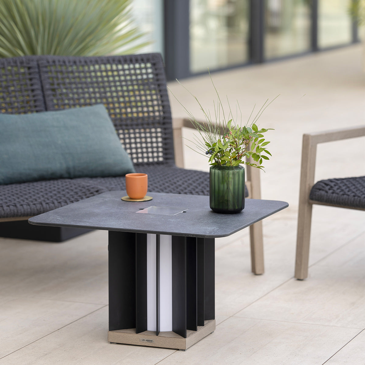 Teckalu 500lm Solar Low Table 64 cm Square - Duratek Teak Base, Slate HPL Top with Black Aluminium Slats