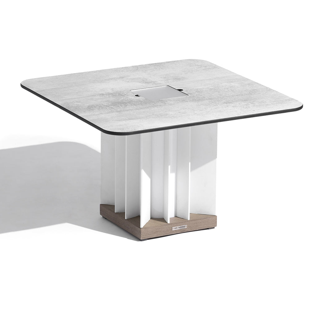 Teckalu 500lm Solar Low Table 64 cm Square - Duratek Teak Base, White Wash Concrete HPL Top with White Aluminium Slats