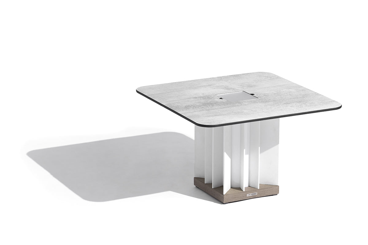 Teckalu 500lm Solar Low Table 64 cm Square - Duratek Teak Base, White Wash Concrete HPL Top with White Aluminium Slats