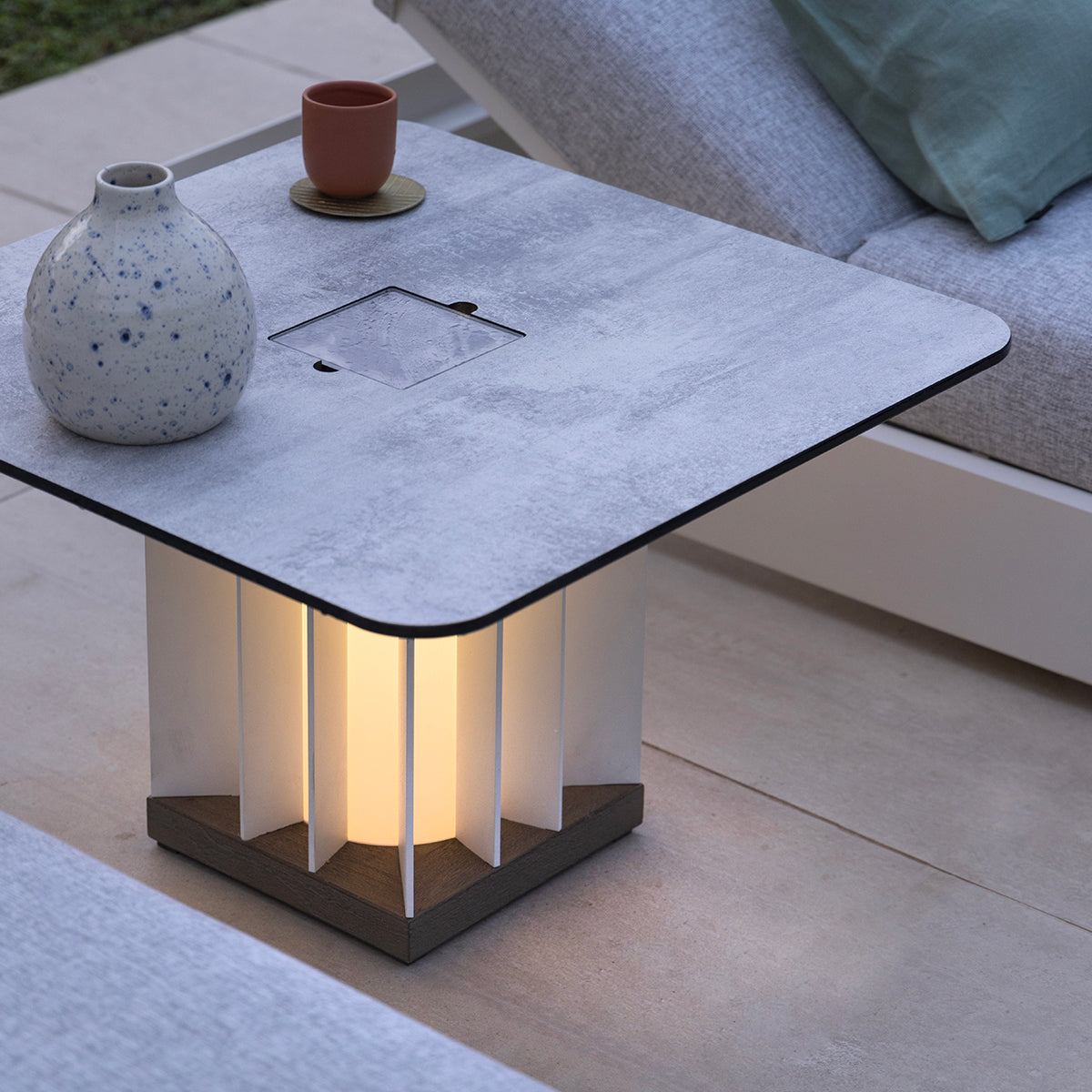 Teckalu 500lm Solar Low Table 64 cm Square - Duratek Teak Base, White Wash Concrete HPL Top with White Aluminium Slats