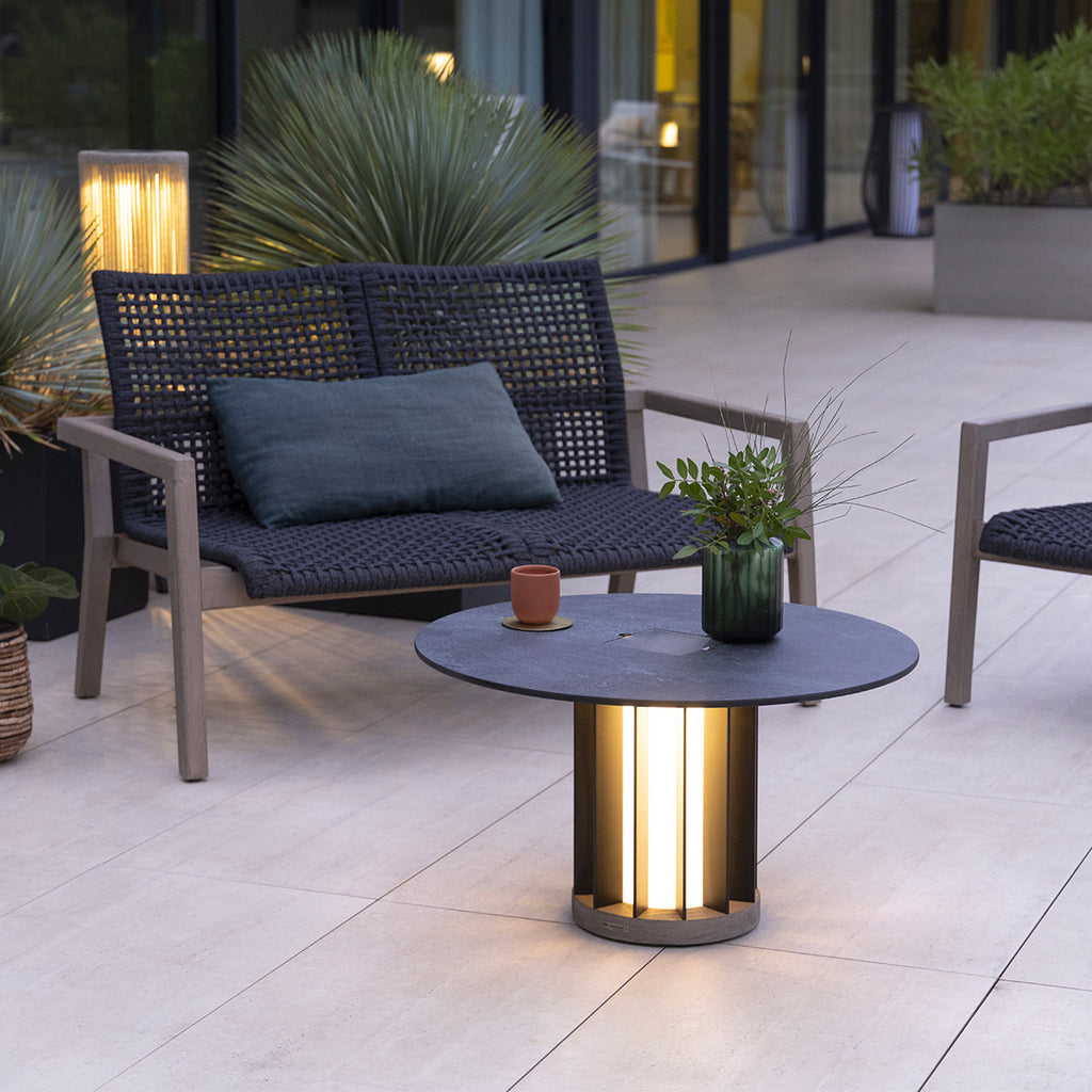 Teckalu 500lm Solar Low Table 70 cm - Duratek Teak Base, Slate HPL Top with Black Aluminium Slats