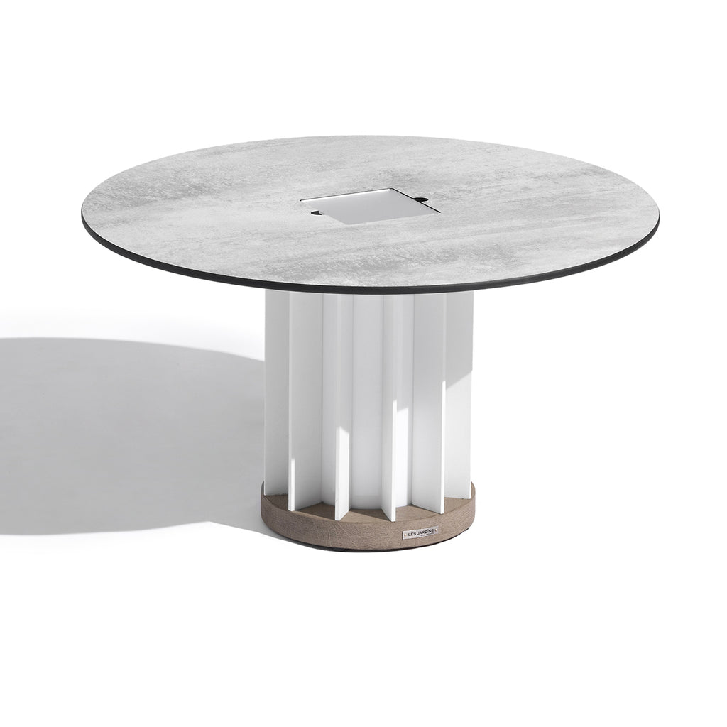 Teckalu 500lm Solar Low Table 70 cm - Duratek Teak Base, White Wash Concrete HPL Top with White Aluminium Slats