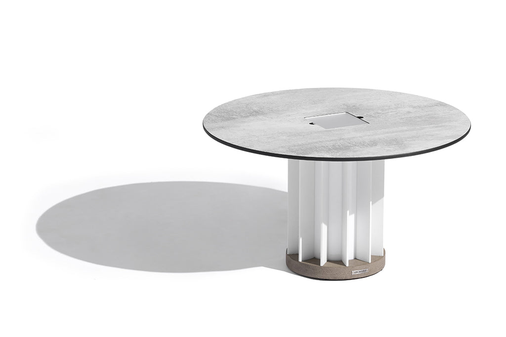 Teckalu 500lm Solar Low Table 70 cm - Duratek Teak Base, White Wash Concrete HPL Top with White Aluminium Slats