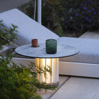 Teckalu 500lm Solar Low Table 70 cm - Duratek Teak Base, White Wash Concrete HPL Top with White Aluminium Slats