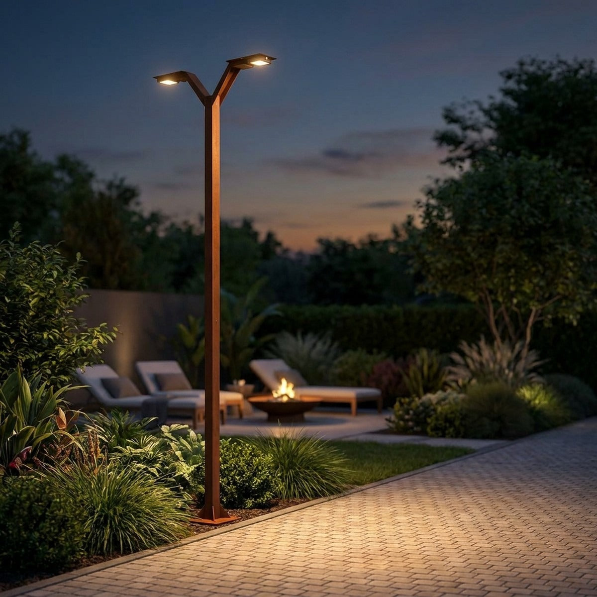 Envergure Double-Head Solar & Rechargeable Lamppost 350 cm 4x500lm - Corten Aluminium