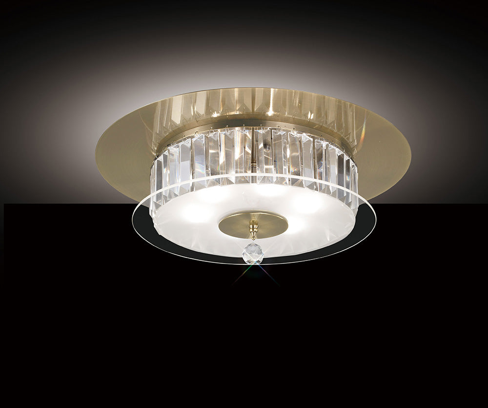 Diyas Tosca 6 Light Round Flush Ceiling Light in Antique Brass with Glass and Crystal