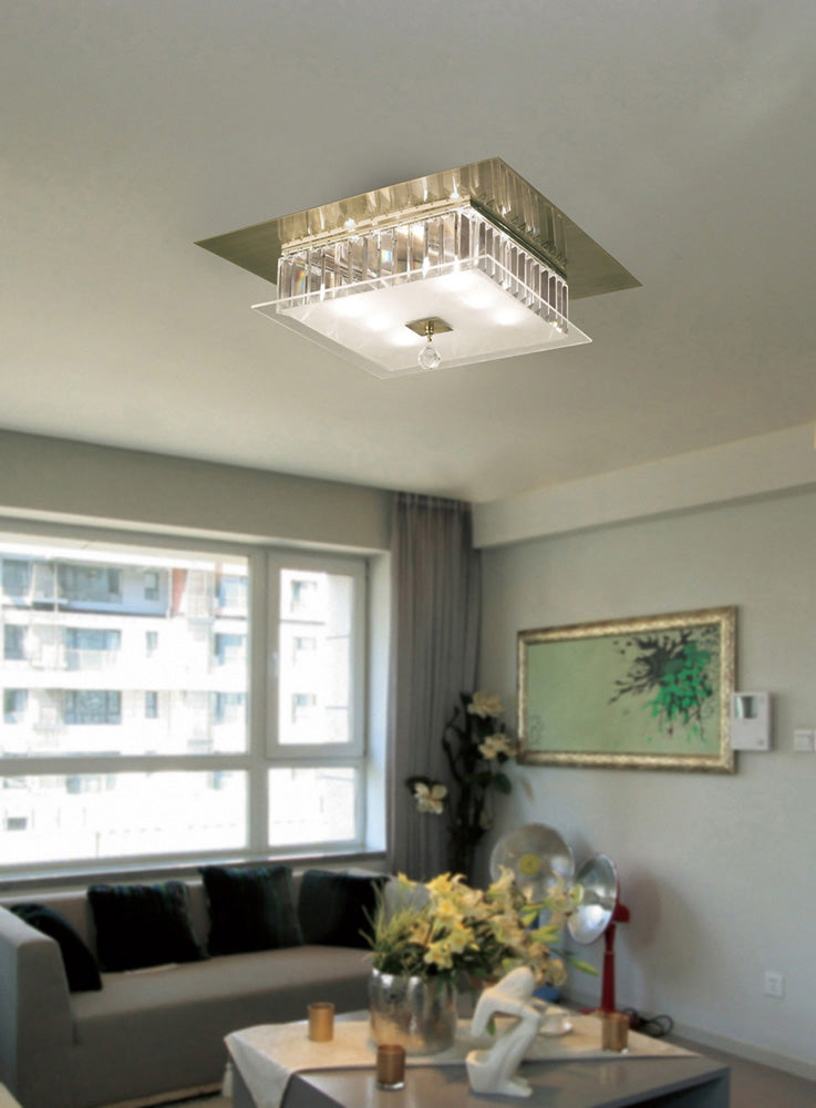 Diyas Tosca 6 Light Square Flush Ceiling Light in Antique Brass with Glass and Crystal