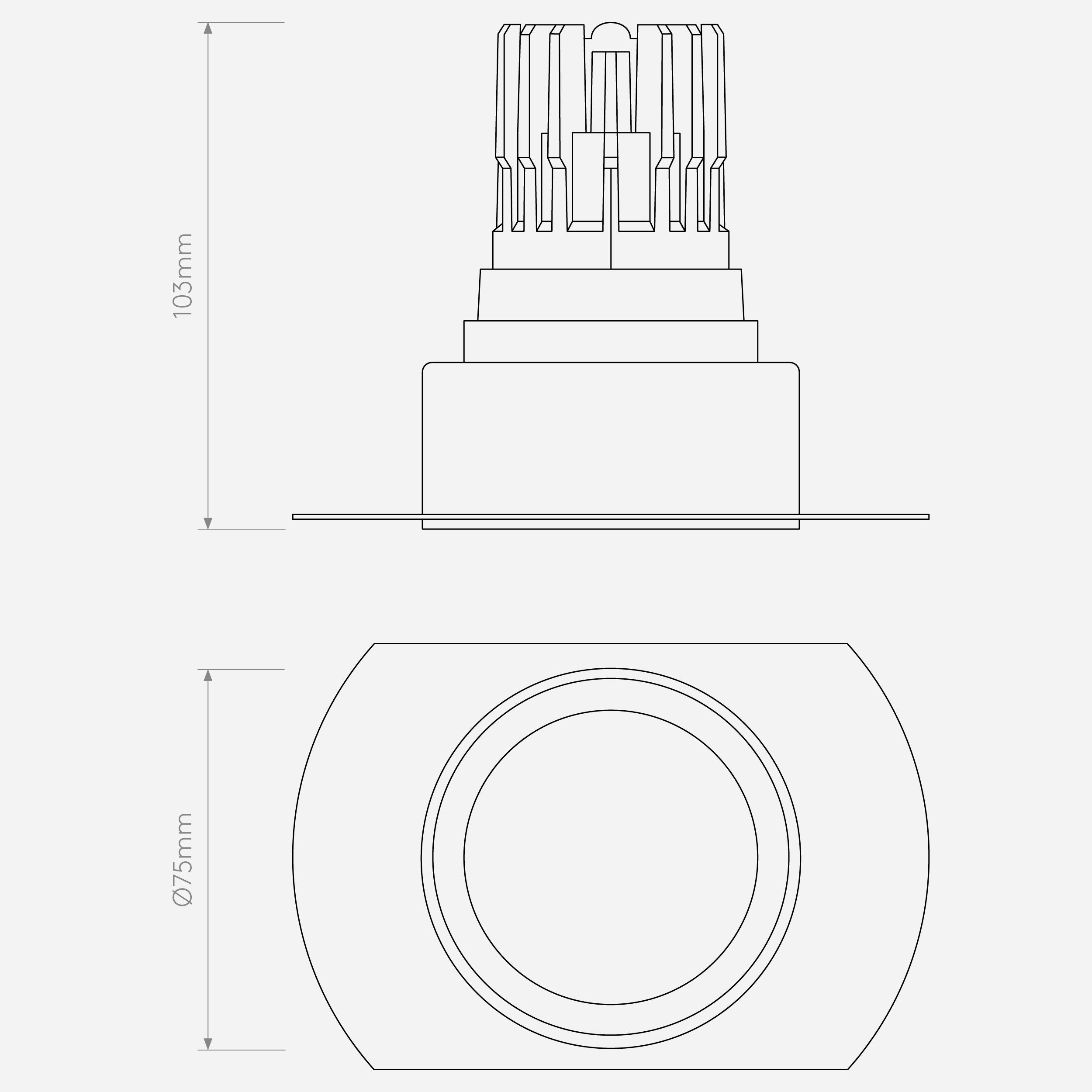 Trimless Pro Round Fixed IP65 - Technical Drawing