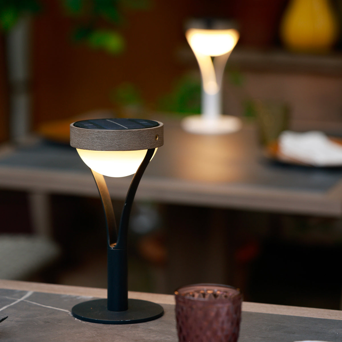 Tyble 200lm Solar Table Lamp 26 cm - Teak Duratek, Black Aluminium and Acrylic Globe
