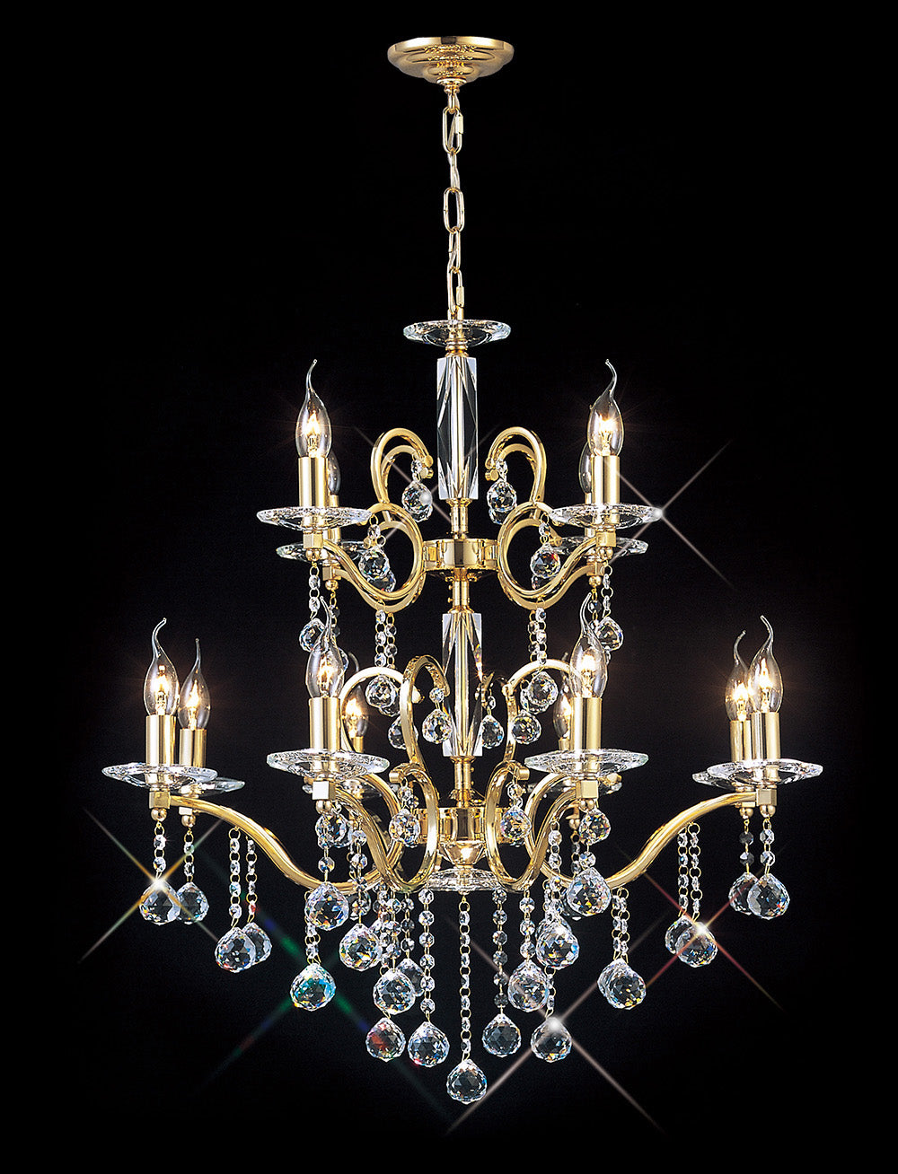 Diyas Zinta 12 Light 2 Tier Pendant Light in French Gold with Crystal